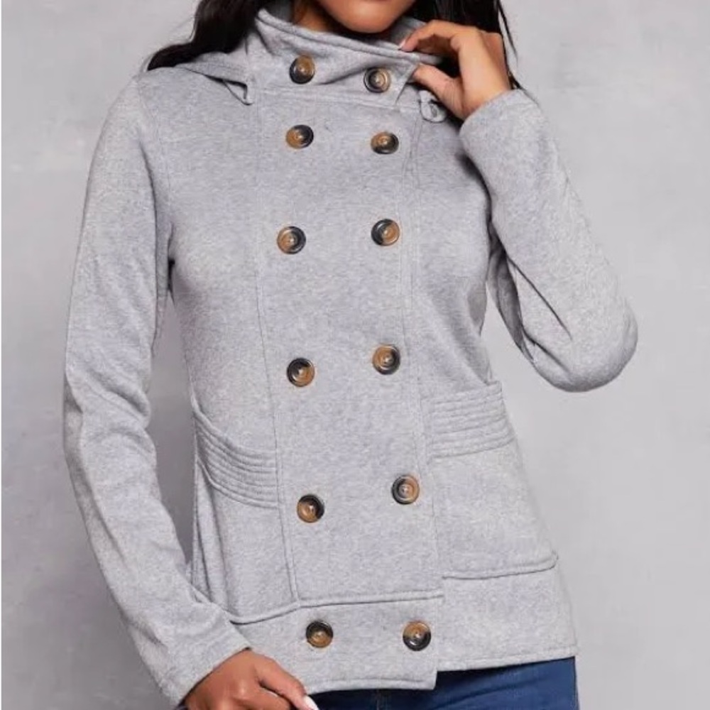Women's Heather-Gray Double-Breasted Polyester Light Jacket.